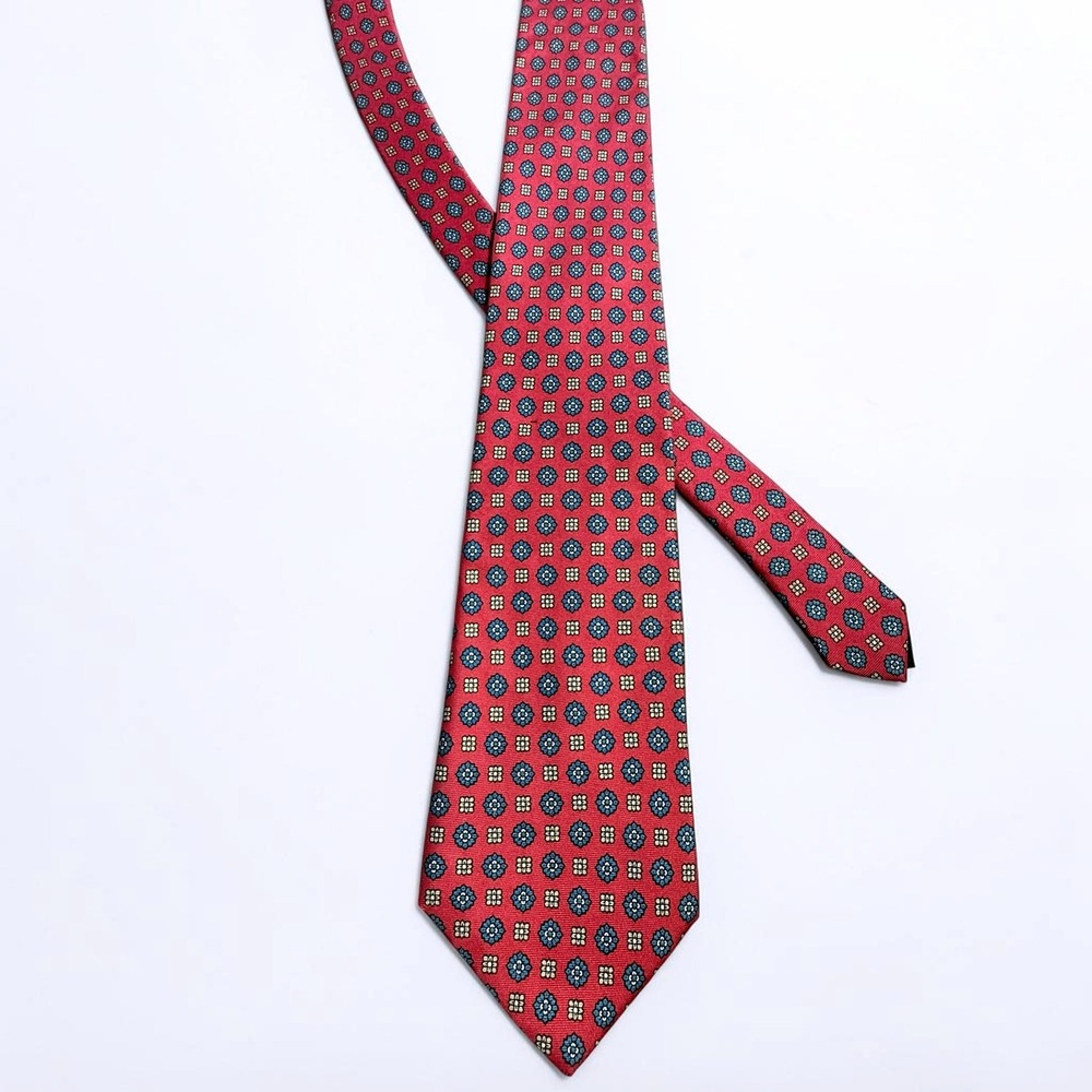 Claybrooke Mens Silk Necktie Red Teal Gold Medallion Geometric‎ Hand Made Tie